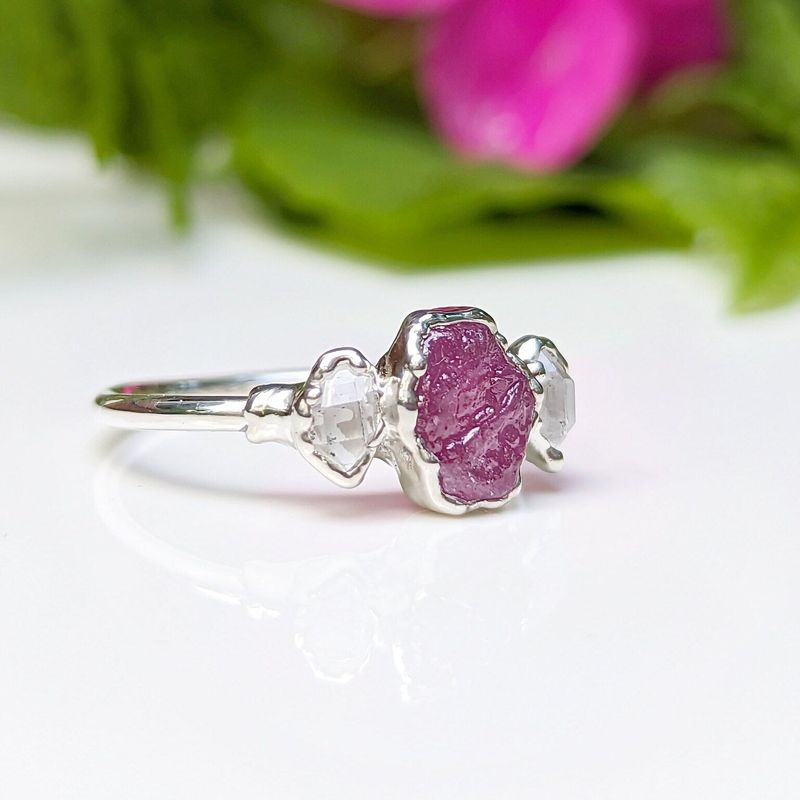 Raw pink Sapphire and Herkimer diamond engagement ring