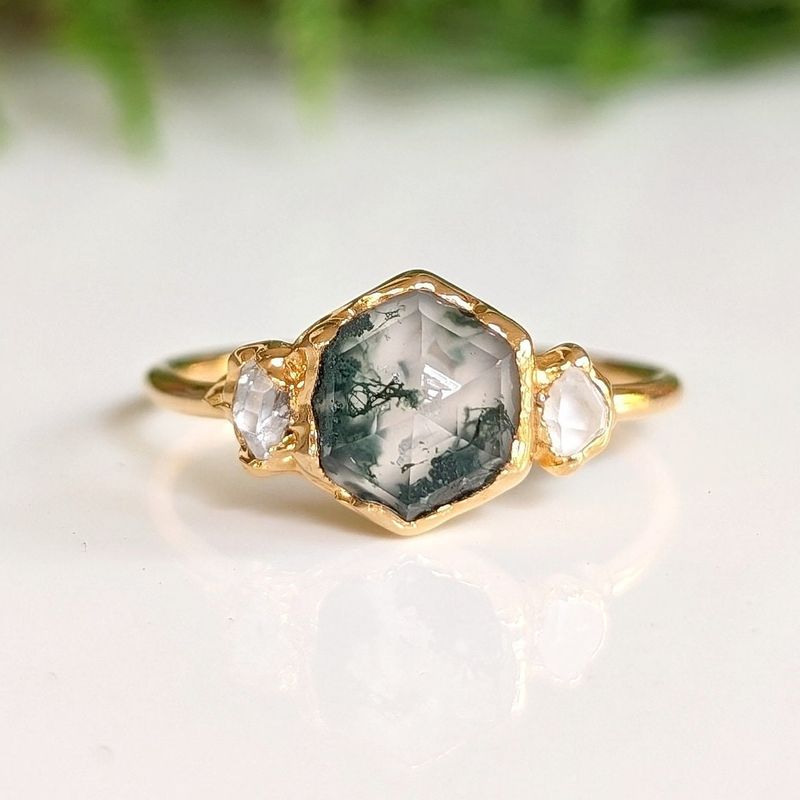 Moss Agate and Herkimer diamond engagement ring - Hexagon shape Moss Agate ring
