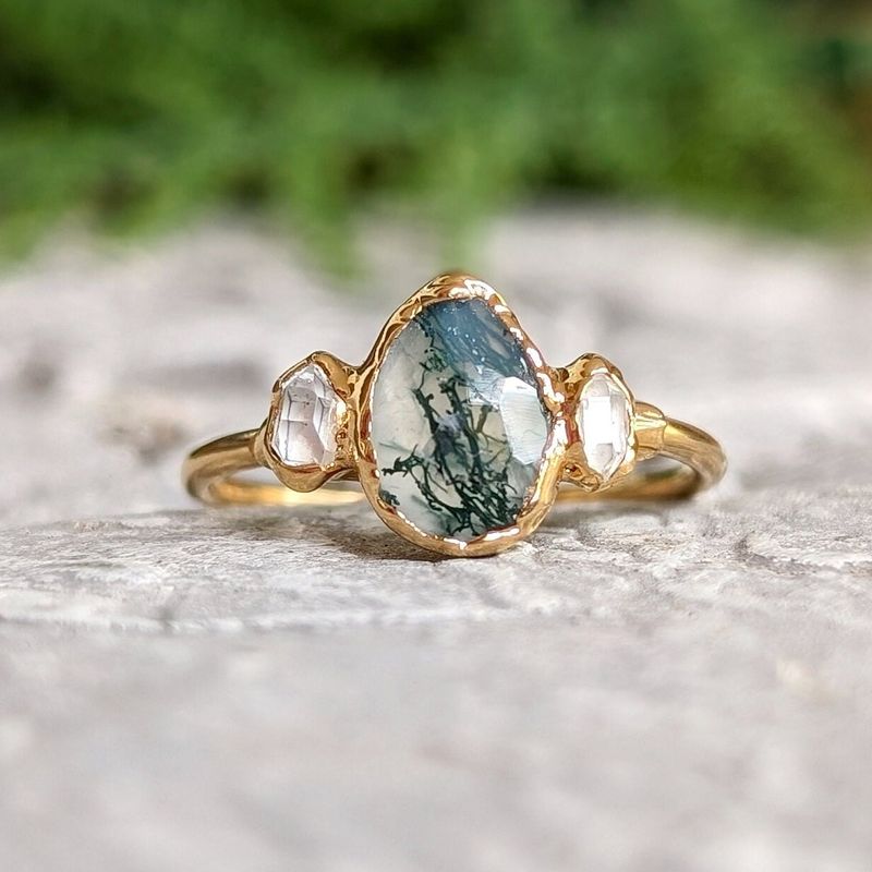 Moss Agate and Herkimer diamond engagement ring - Pear shape Moss Agate ring