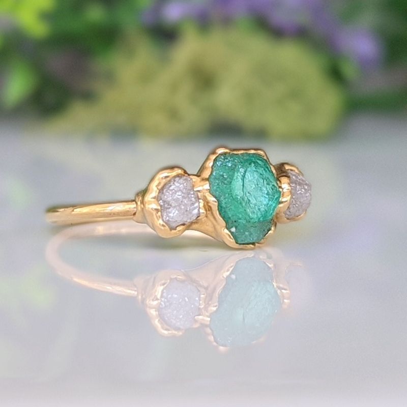 Raw Emerald and diamond engagement ring