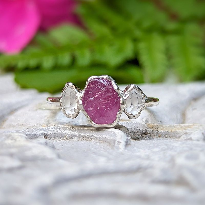 Raw pink Sapphire and Herkimer diamond engagement ring