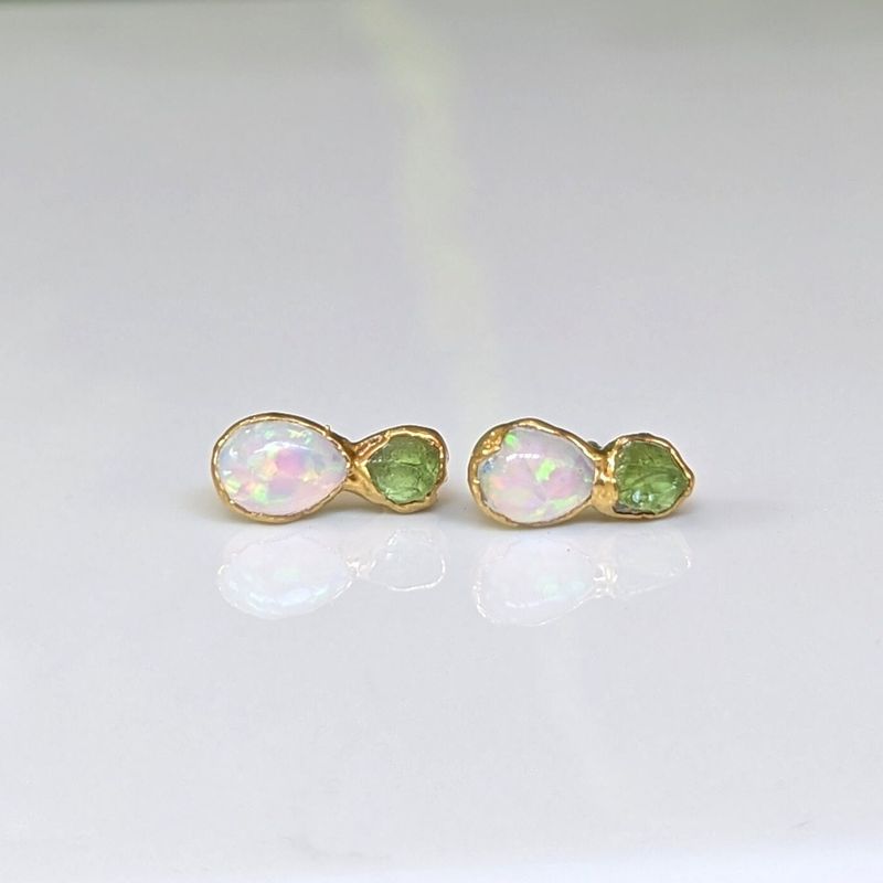 Raw Peridot and Opal stud earrings