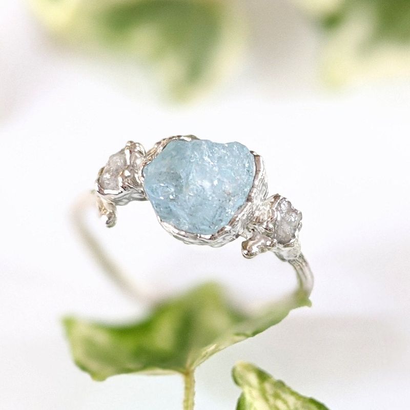 Bague brindille aigue-marine brute & diamants