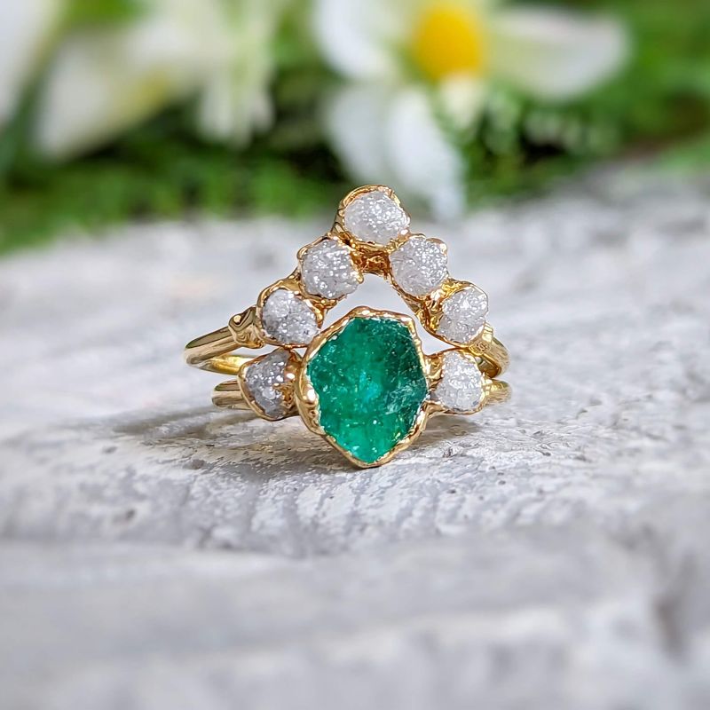 Raw Emerald and diamond Chevron bridal ring set