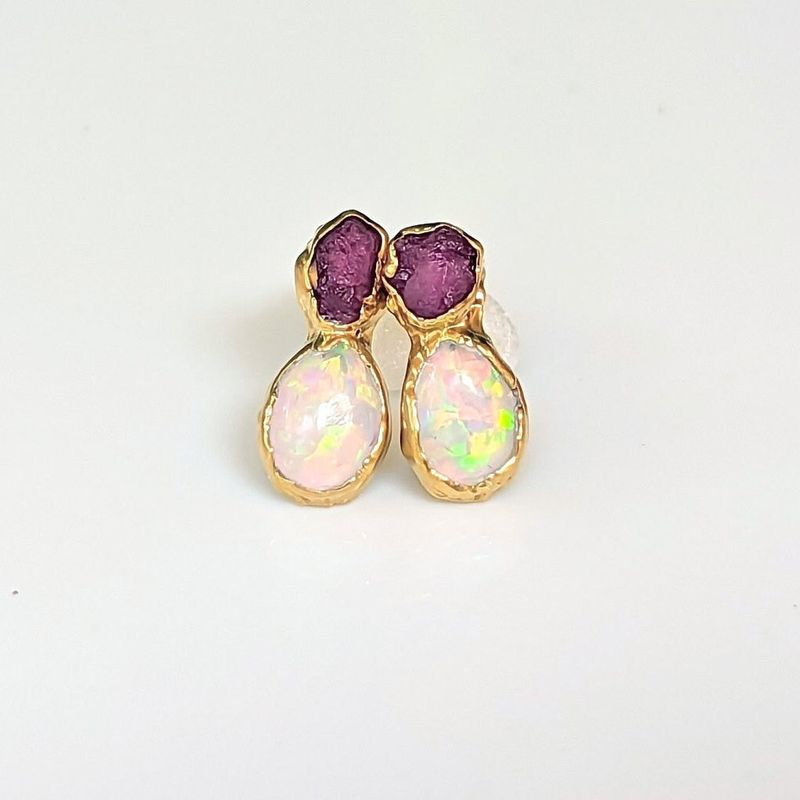 Raw Ruby and Opal stud earrings