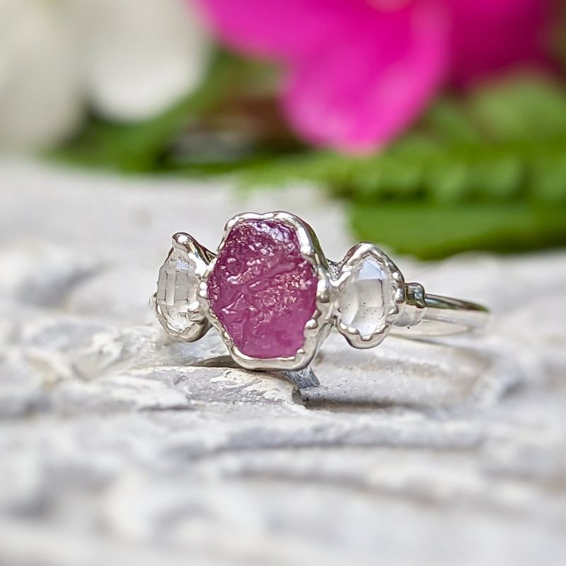 Raw pink Sapphire and Herkimer diamond engagement ring