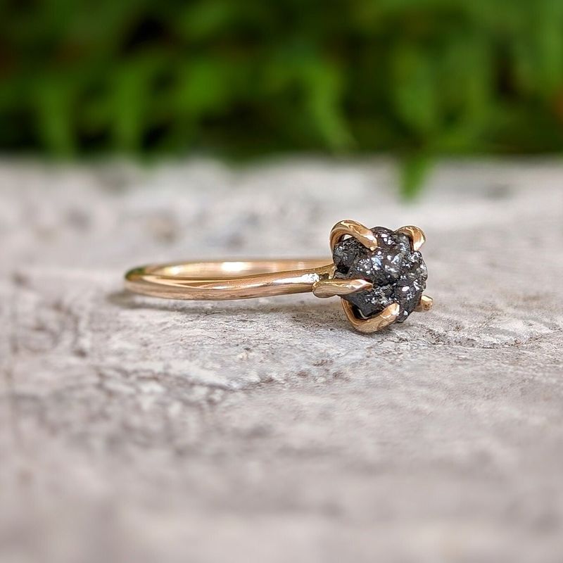 Raw black diamond engagement ring - Solid 14k Gold rough uncut black diamond ring