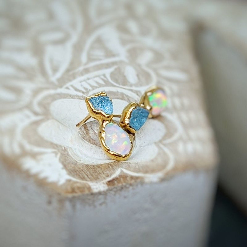 Raw Aquamarine and Opal stud earrings