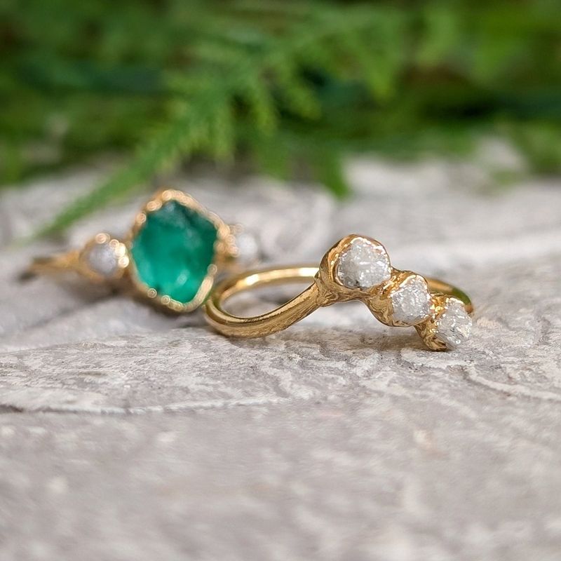 Raw Emerald and rough diamond Chevron wedding ring set