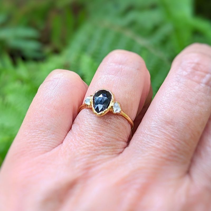 Black Spinel and Herkimer diamond engagement ring in Solid 18k Gold