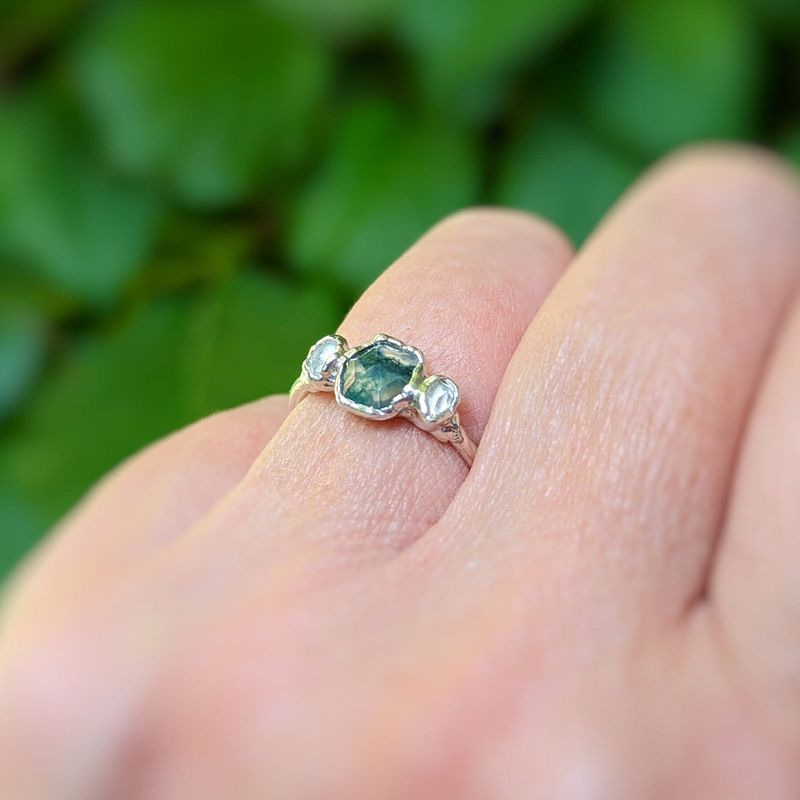 Moss Agate & diamond engagement ring in Fine Silver