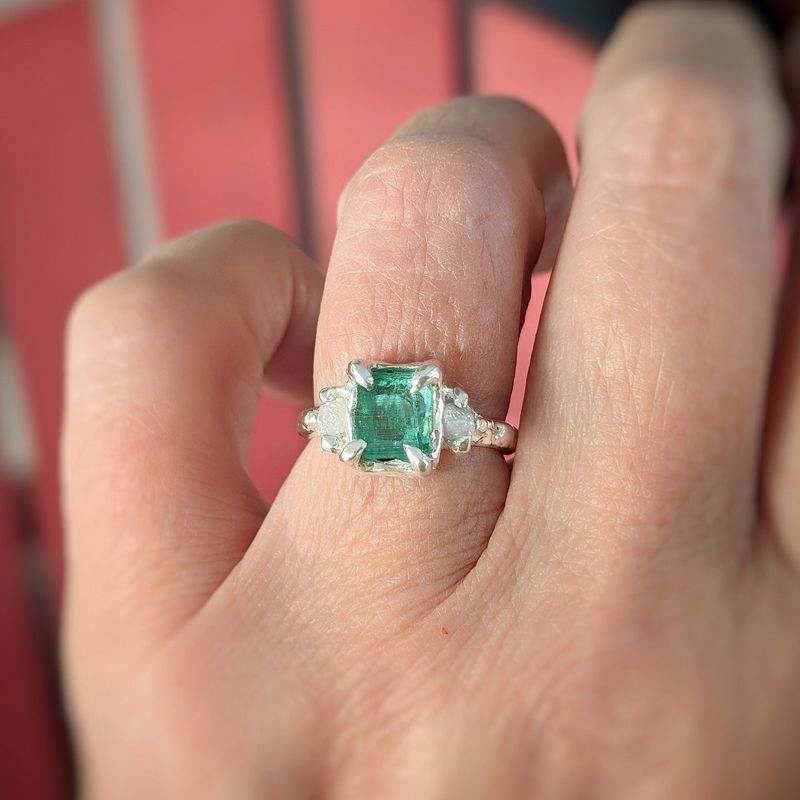 Raw Emerald and diamond engagement ring in Solid Sterling Silver