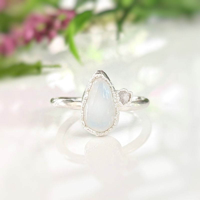 Rainbow Moonstone and raw diamond ring