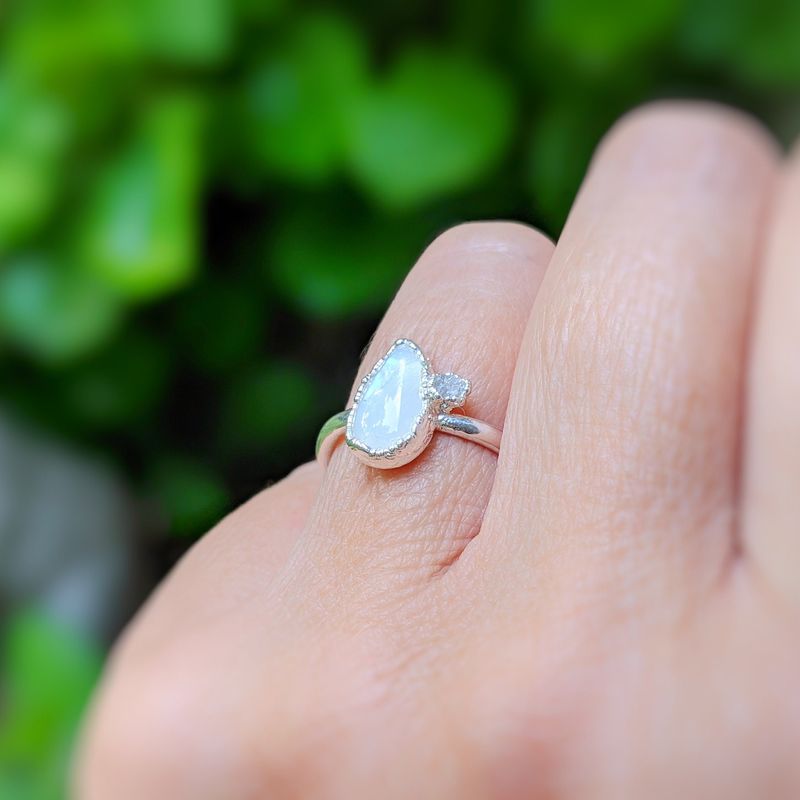 Rainbow Moonstone and raw diamond ring