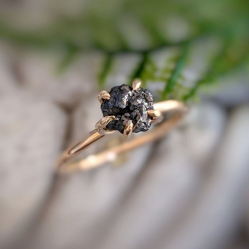Raw black diamond engagement ring - Solid 14k Gold rough uncut black diamond ring