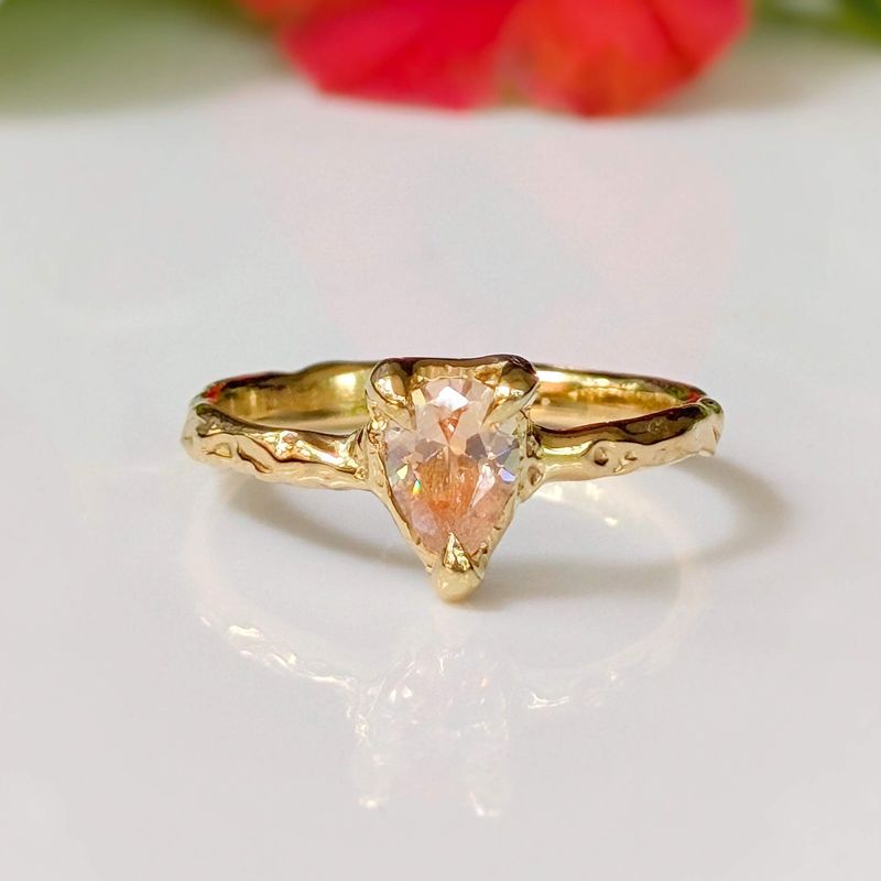 Peach Morganite textured ring in Solid 14k Gold