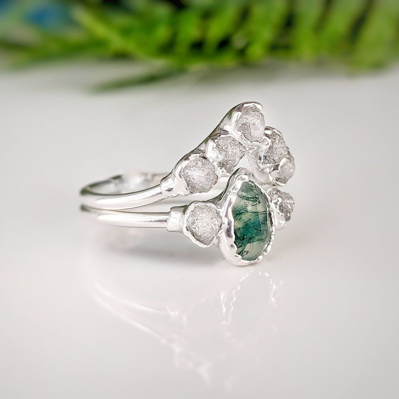 Moss Agate and raw diamond bridal ring set