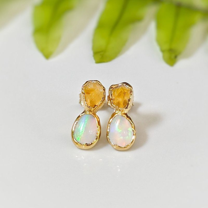 Raw Citrine and Opal stud earrings