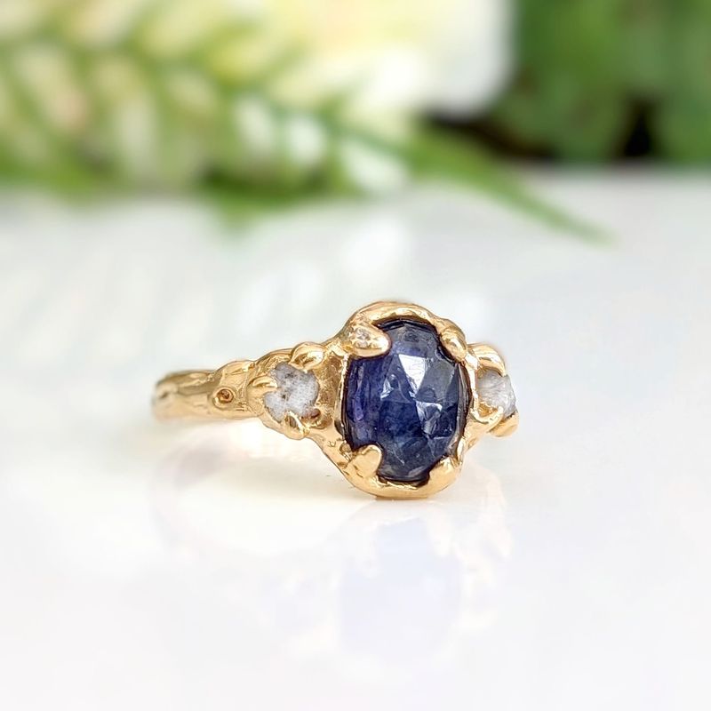 Blue Sapphire and diamond engagement ring - Solid 14k Gold textured ring