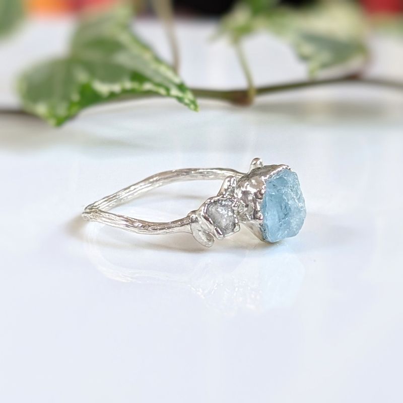 Bague brindille aigue-marine brute & diamants