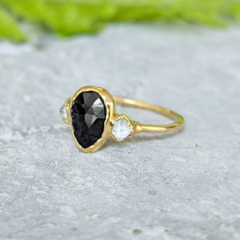 Black Spinel and Herkimer diamond engagement ring in Solid 18k Gold