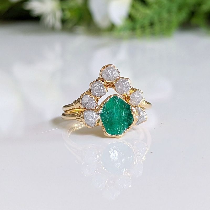 Raw Emerald and diamond Chevron bridal ring set
