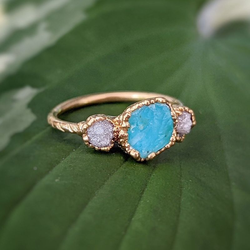 Raw Peruvian Opal and diamond ring in Solid 14k Gold