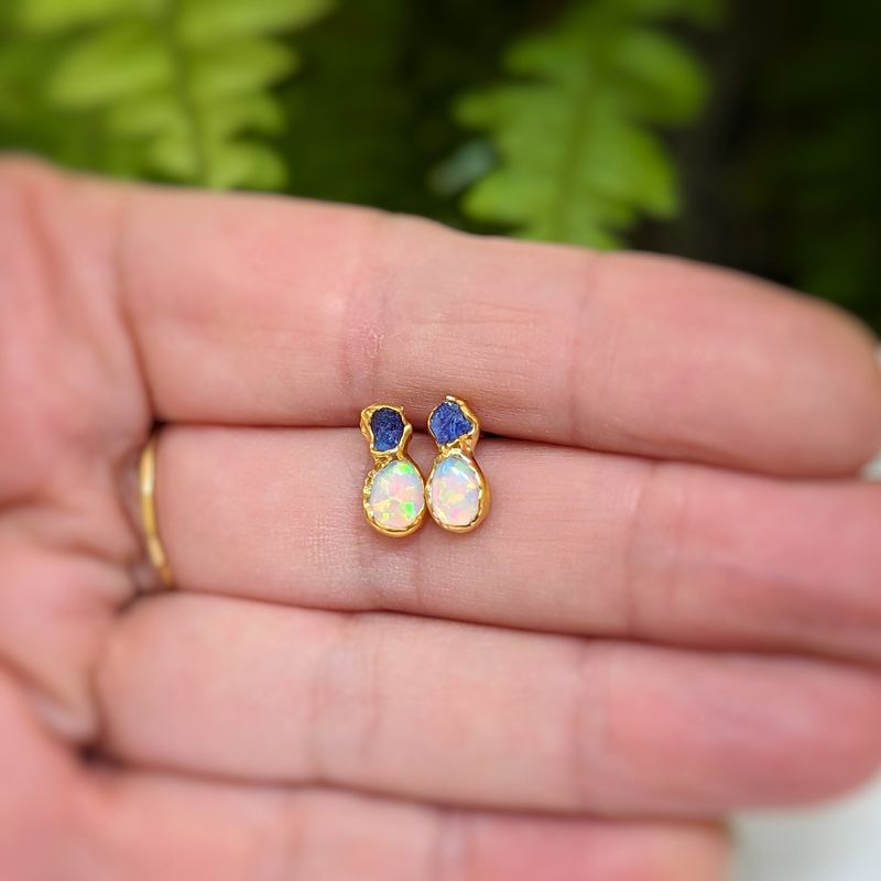 Raw Sapphire and Opal stud earrings
