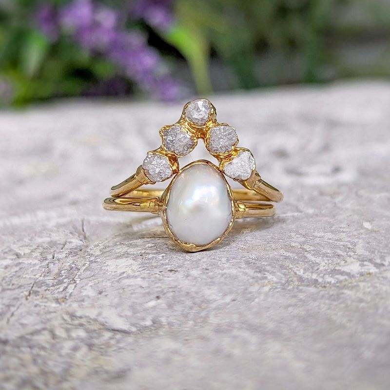 Freshwater Pearl & Raw Diamond Chevron wedding ring set in Solid 14k Gold