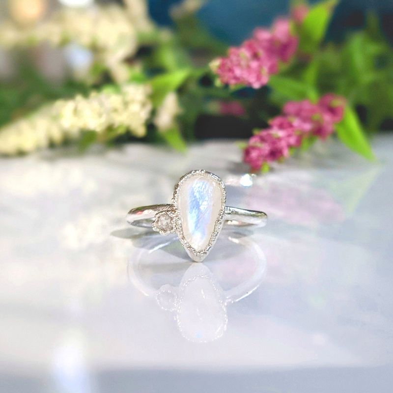Rainbow Moonstone and raw diamond ring