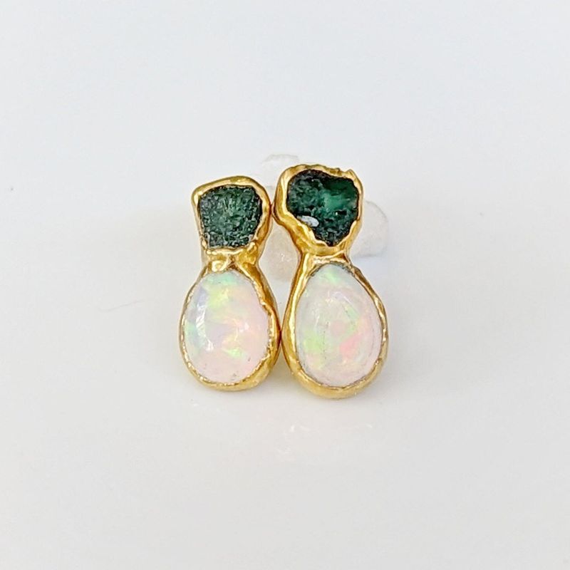 Raw Emerald and Opal stud earrings