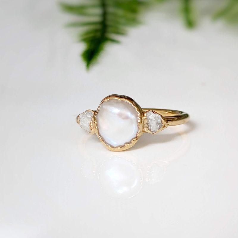 Freshwater Pearl and Raw Diamond Wedding ring set