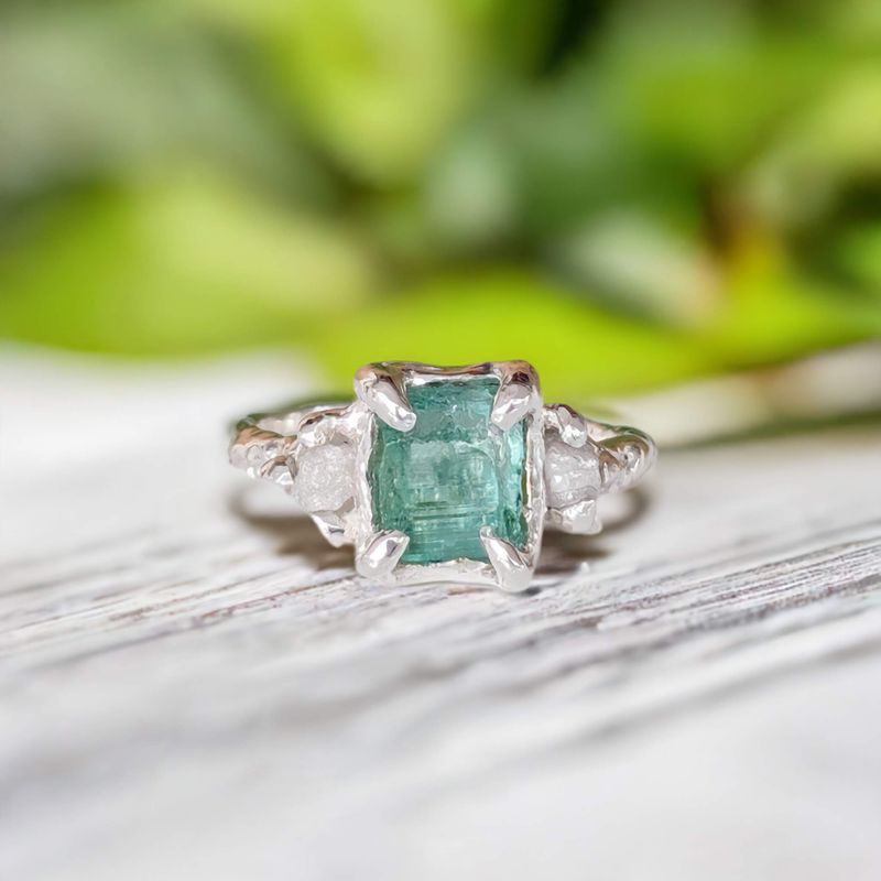 Raw Emerald and diamond engagement ring in Solid Sterling Silver
