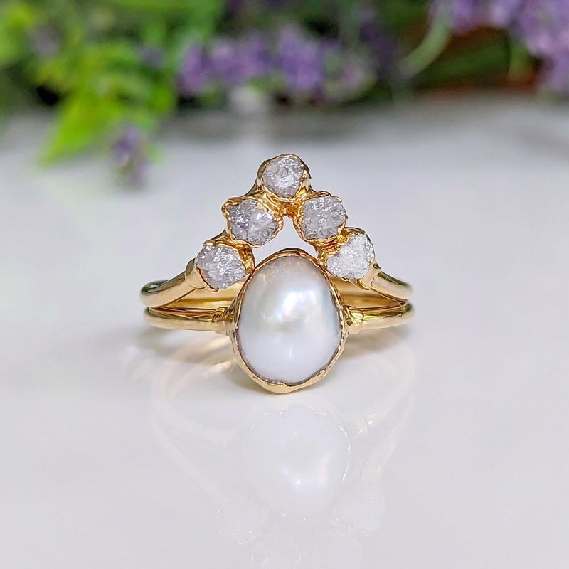 Freshwater Pearl & Raw Diamond Chevron wedding ring set in Solid 14k Gold