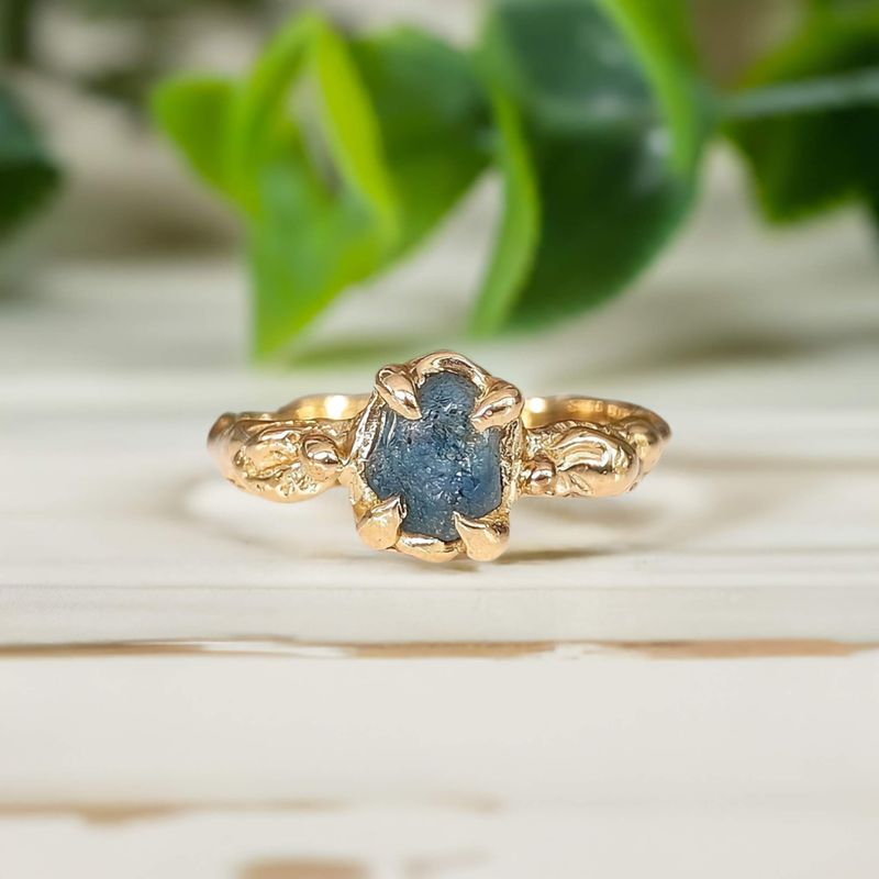Raw Montana Sapphire engagement ring in Solid 14k Gold