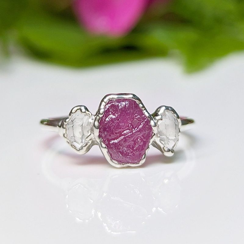 Raw pink Sapphire and Herkimer diamond engagement ring