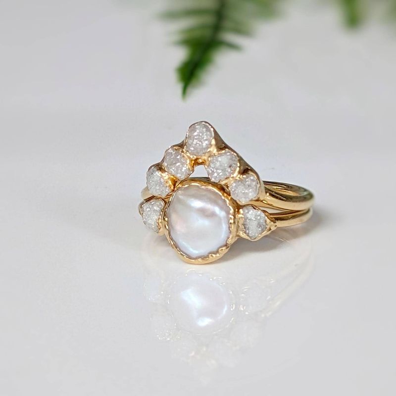 Freshwater pearl and raw diamond engagement ring