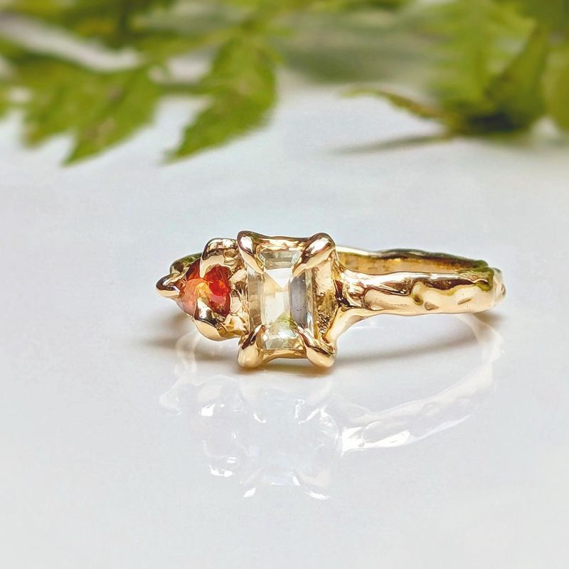 Heliodor and Orange Sapphire ring in Solid 14k Gold