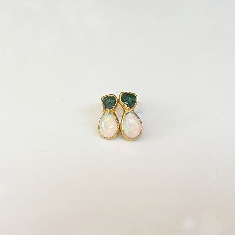 Raw Emerald and Opal stud earrings