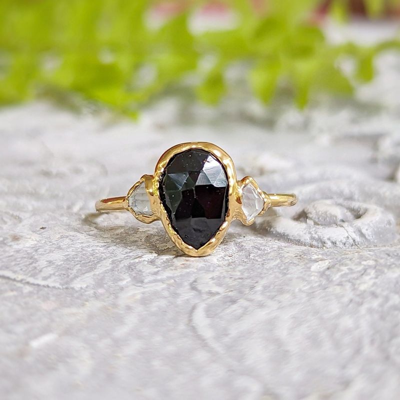 Black Spinel and Herkimer diamond engagement ring in Solid 18k Gold
