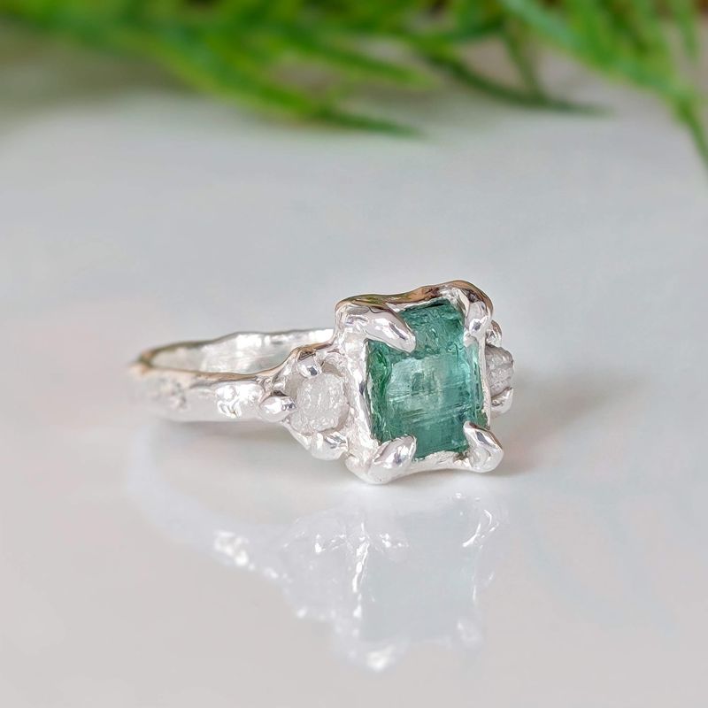Raw Emerald and diamond engagement ring in Solid Sterling Silver