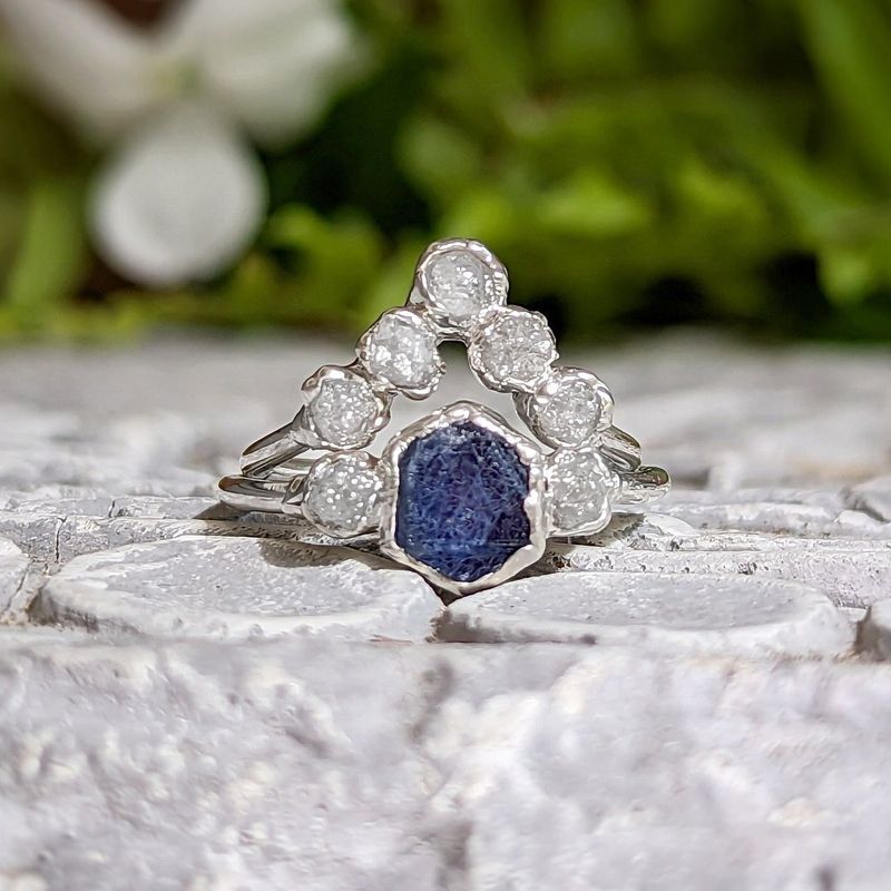 Raw Sapphire and diamond wedding ring set