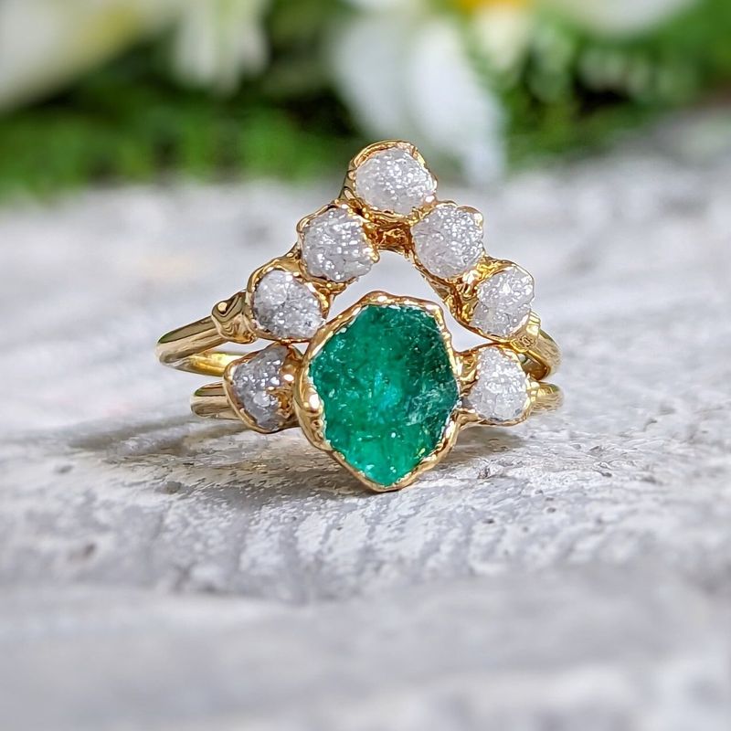 Raw Emerald and diamond Chevron bridal ring set