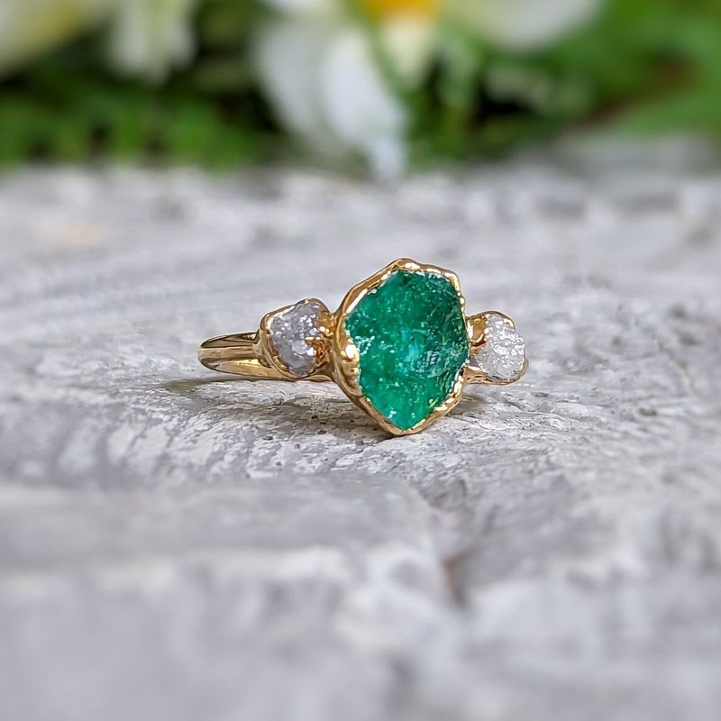 Raw Emerald and diamond Chevron bridal ring set
