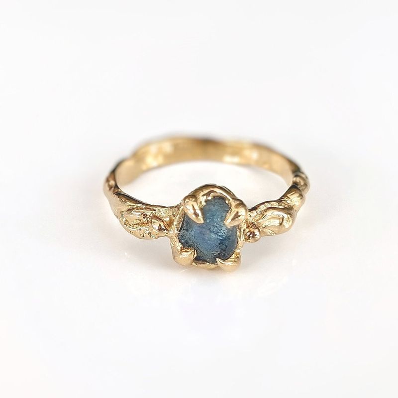 Raw Montana Sapphire engagement ring in Solid 14k Gold