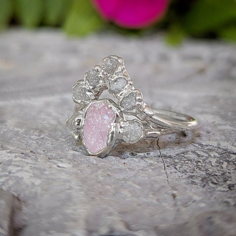 Raw Pink Morganite and diamond wedding ring set