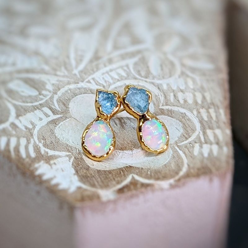 Raw Aquamarine and Opal stud earrings
