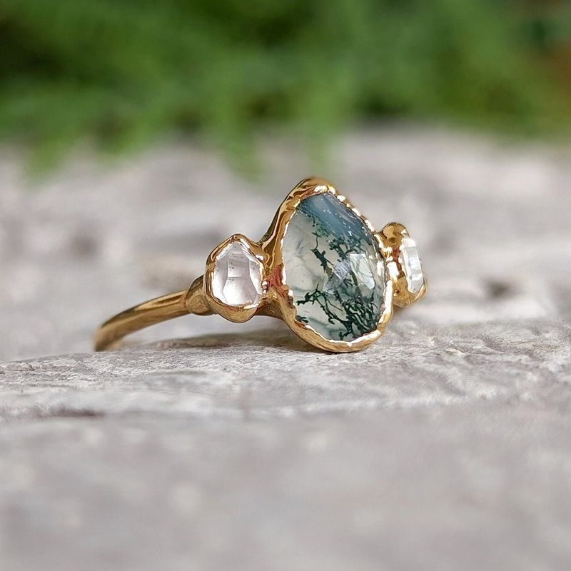 Moss Agate and Herkimer diamond engagement ring - Pear shape Moss Agate ring