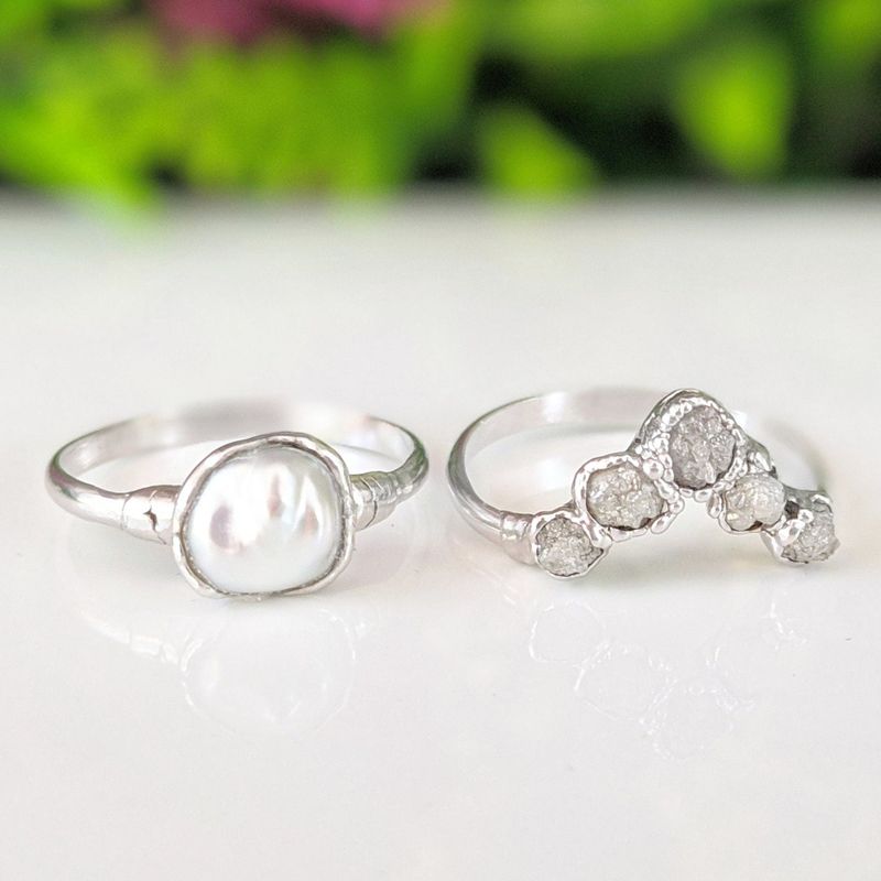 Raw diamond and Keshi pearl Chevron wedding ring set