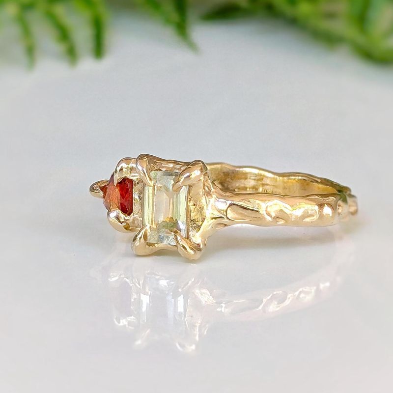 Heliodor and Orange Sapphire ring in Solid 14k Gold